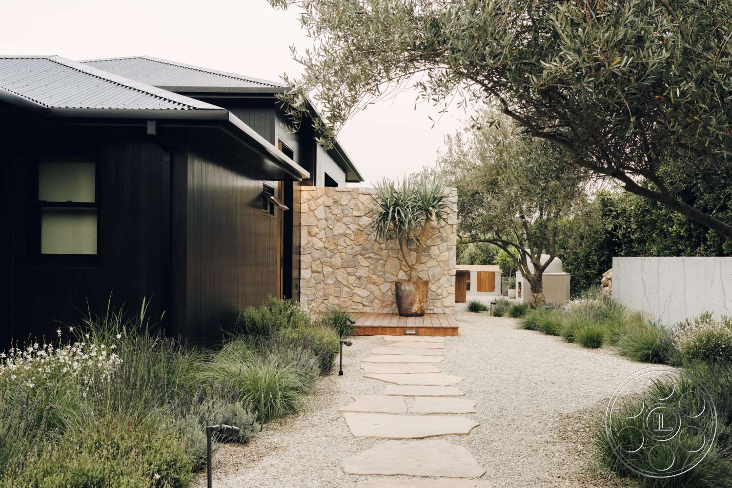 Modern 533 - exterior, greenery accents, gravel pathway, olive trees, stone feature wall, flagstone walkway, landscaped garden beds, modernist architectural style, wood siding walls, wood deck platform