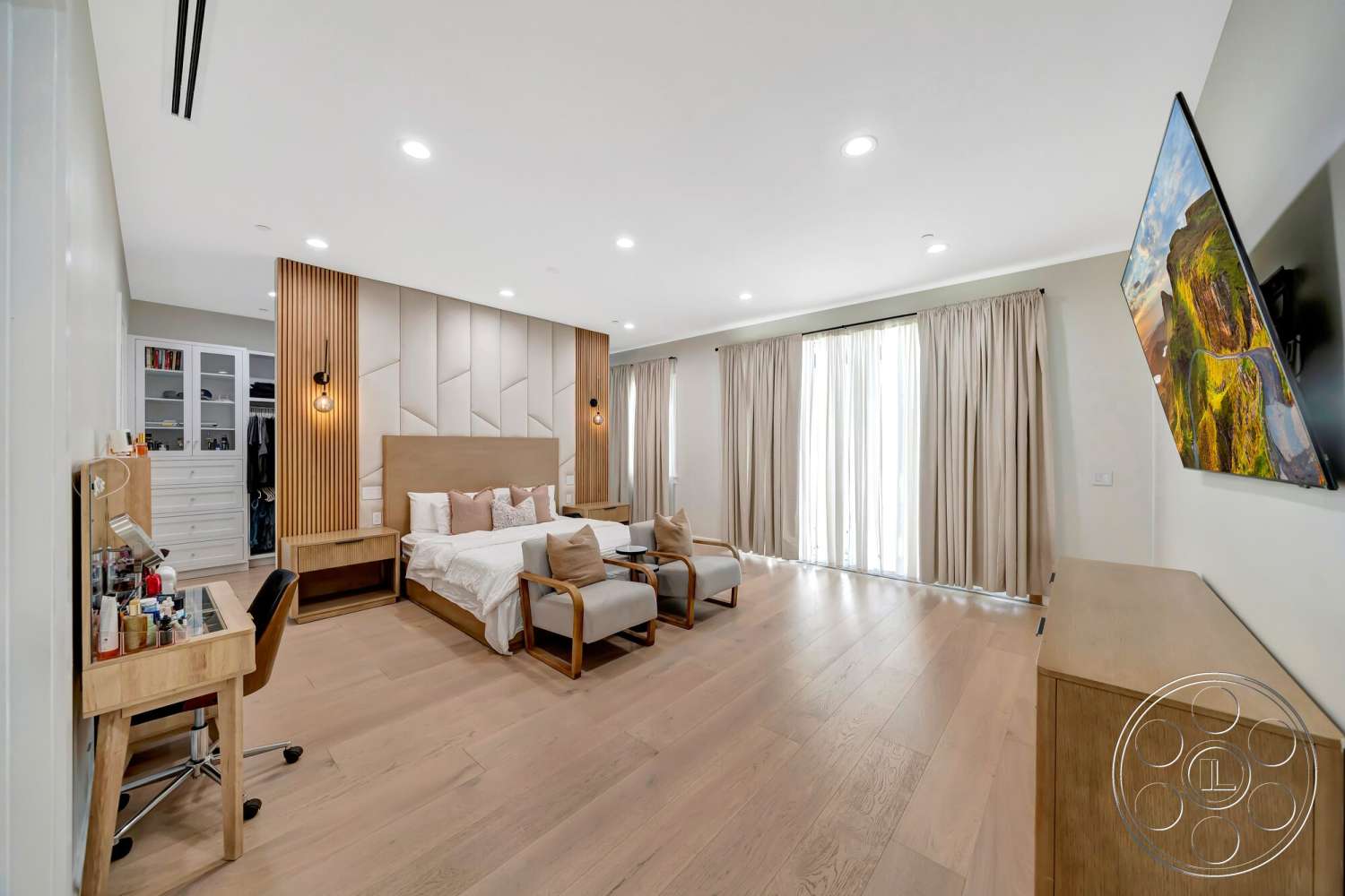 Modern 534 - neutral color palette, wall-mounted television, glass sliding doors, textured wall paneling, light-colored curtains, stylish armchairs, hardwood bedroom floors, modern wooden dresser, minimalist bedside lamps, wood platform bed, contemporary wooden desk, accent wall with geometric design
