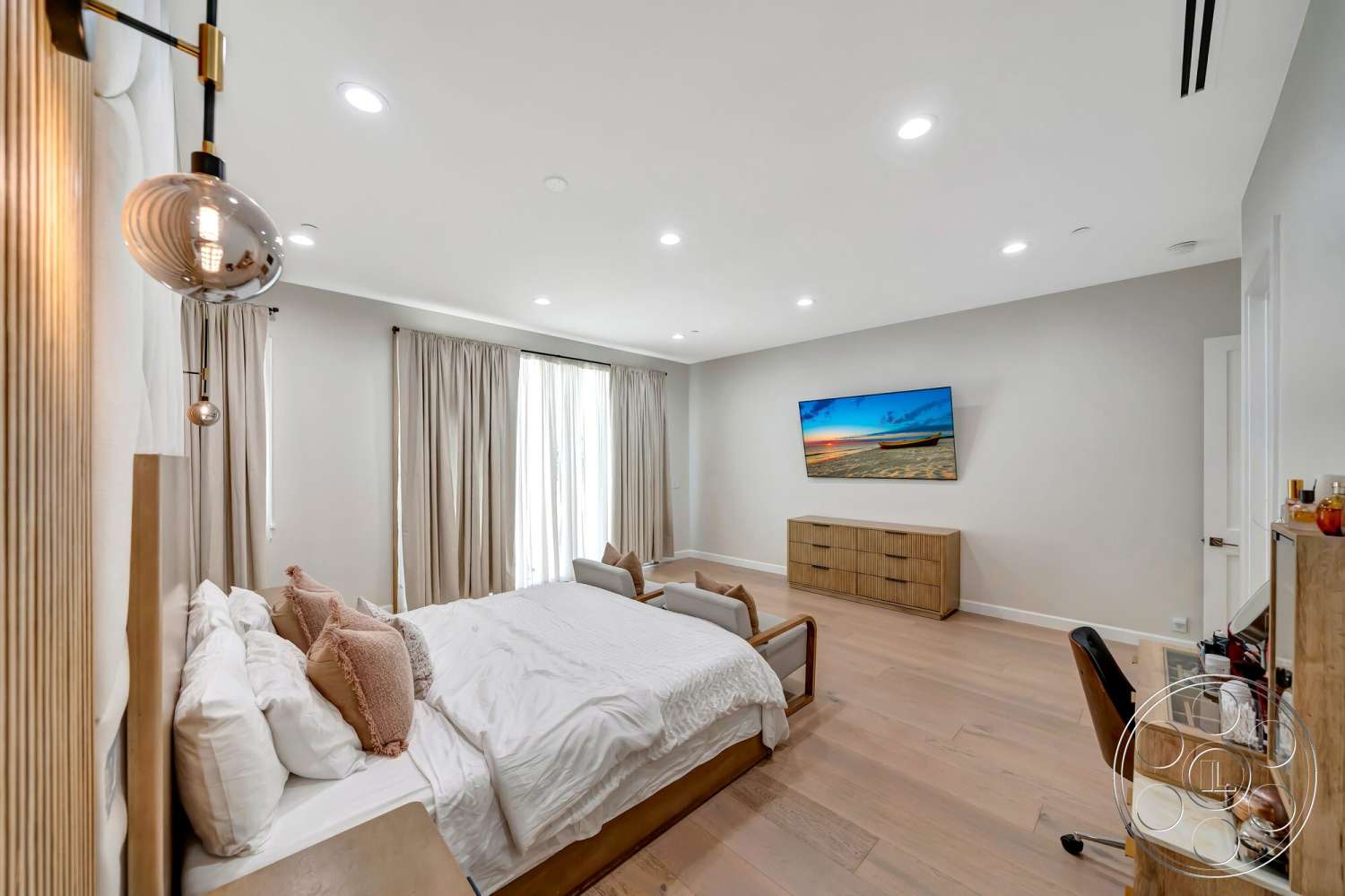 Modern 534 - minimalist decor, contemporary pendant lighting, floor-to-ceiling windows, decorative throw pillows, hardwood bedroom floors, modern wooden dresser, white painted walls, soft beige curtains, mounted flat-screen television, upholstered bed with wood headboard