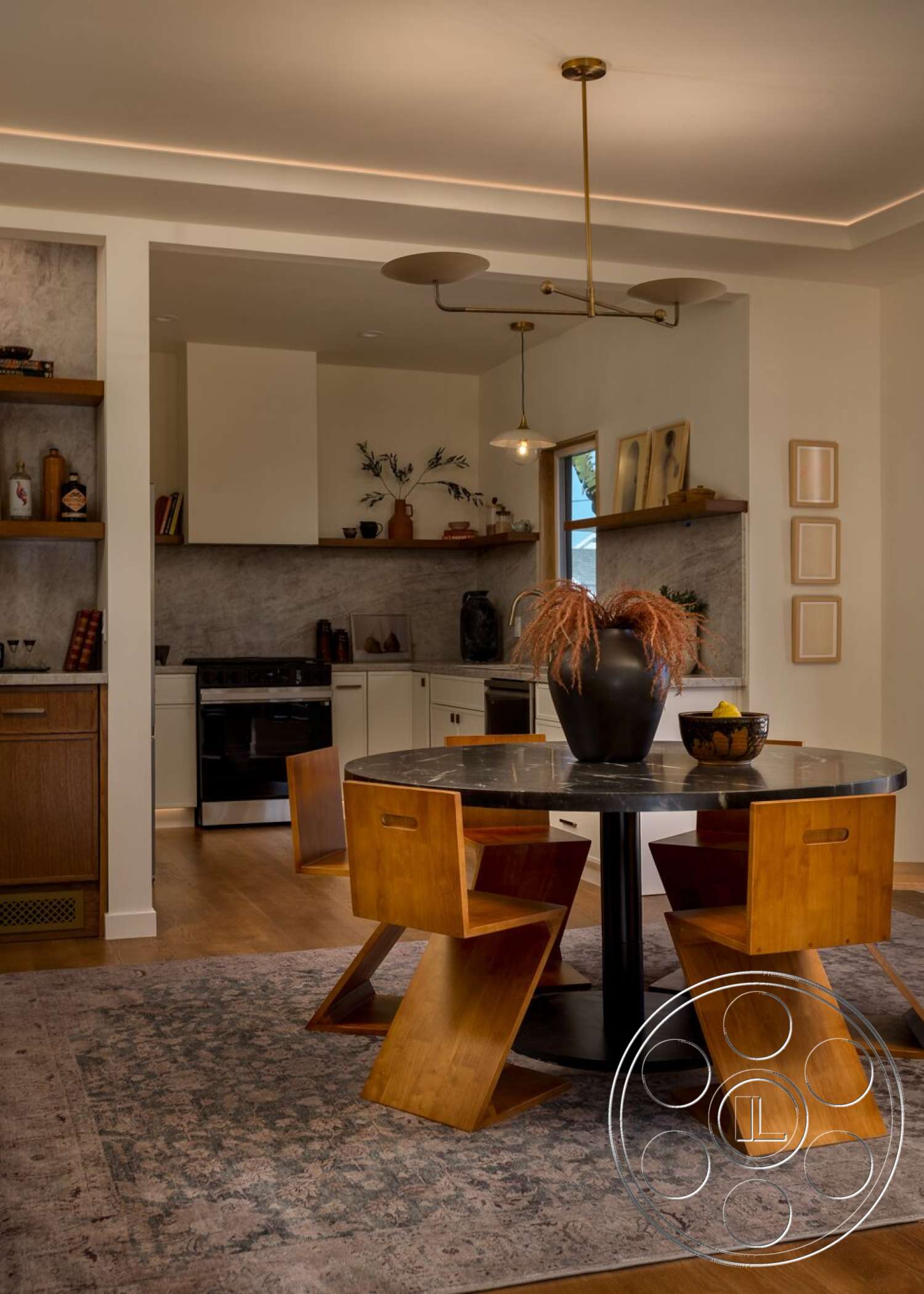 Craftsman 65 - neutral color palette, hardwood flooring, textured wall panels, wooden shelving, round dining table, modern pendant light fixture, open kitchen layout, recessed ceiling lighting, minimalist decor elements, contemporary dining chairs, gray stone backsplash, cozy area rug, marble dining table top