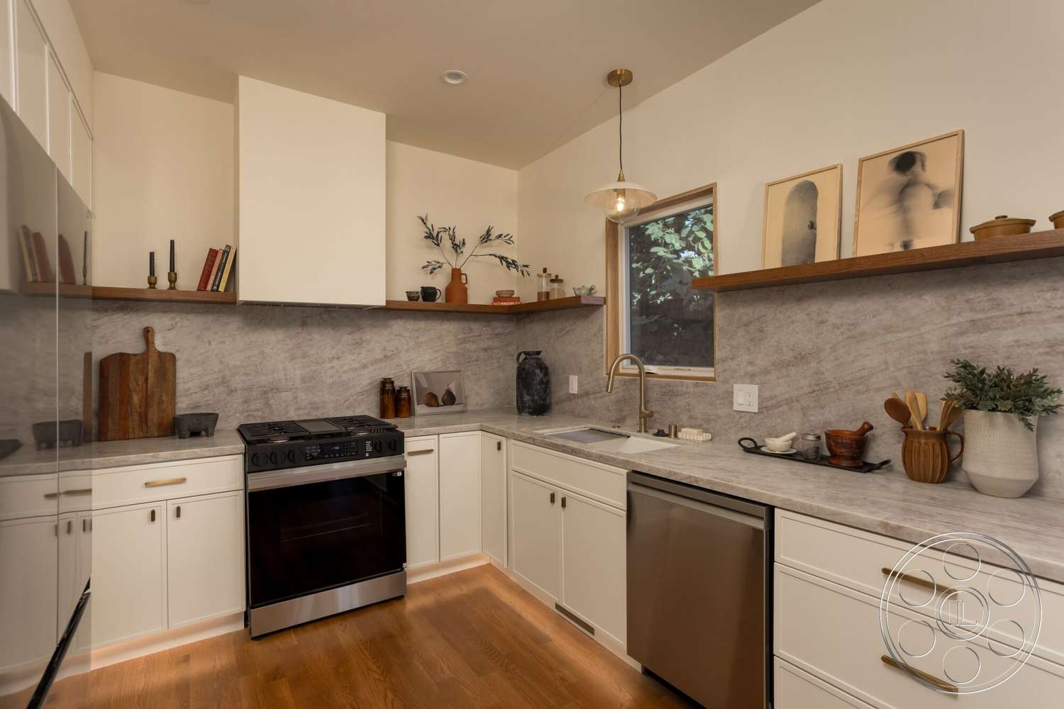 Craftsman 65 - natural light, stainless steel appliances, modern cabinetry, minimalistic design, farmhouse sink, marble countertops, glass pendant lighting, hardwood kitchen floors, houseplant decor, white painted kitchen walls, wood floating shelves, black gas range, open shelving decor, square window
