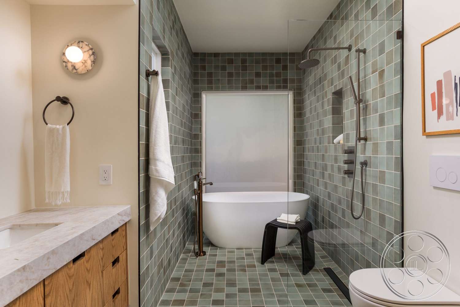 Craftsman 65 - freestanding bathtub, glass shower enclosure, neutral color scheme, contemporary bathroom design, built-in niche for shower items, minimalist wall art, modern faucet fixtures, tile bathroom walls, marble bathroom countertop, green ceramic wall tiles, wood vanity storage, brass towel ring, textured bathroom flooring, wall-mounted shower head, adjustable shower wand, flush-mounted ceiling light