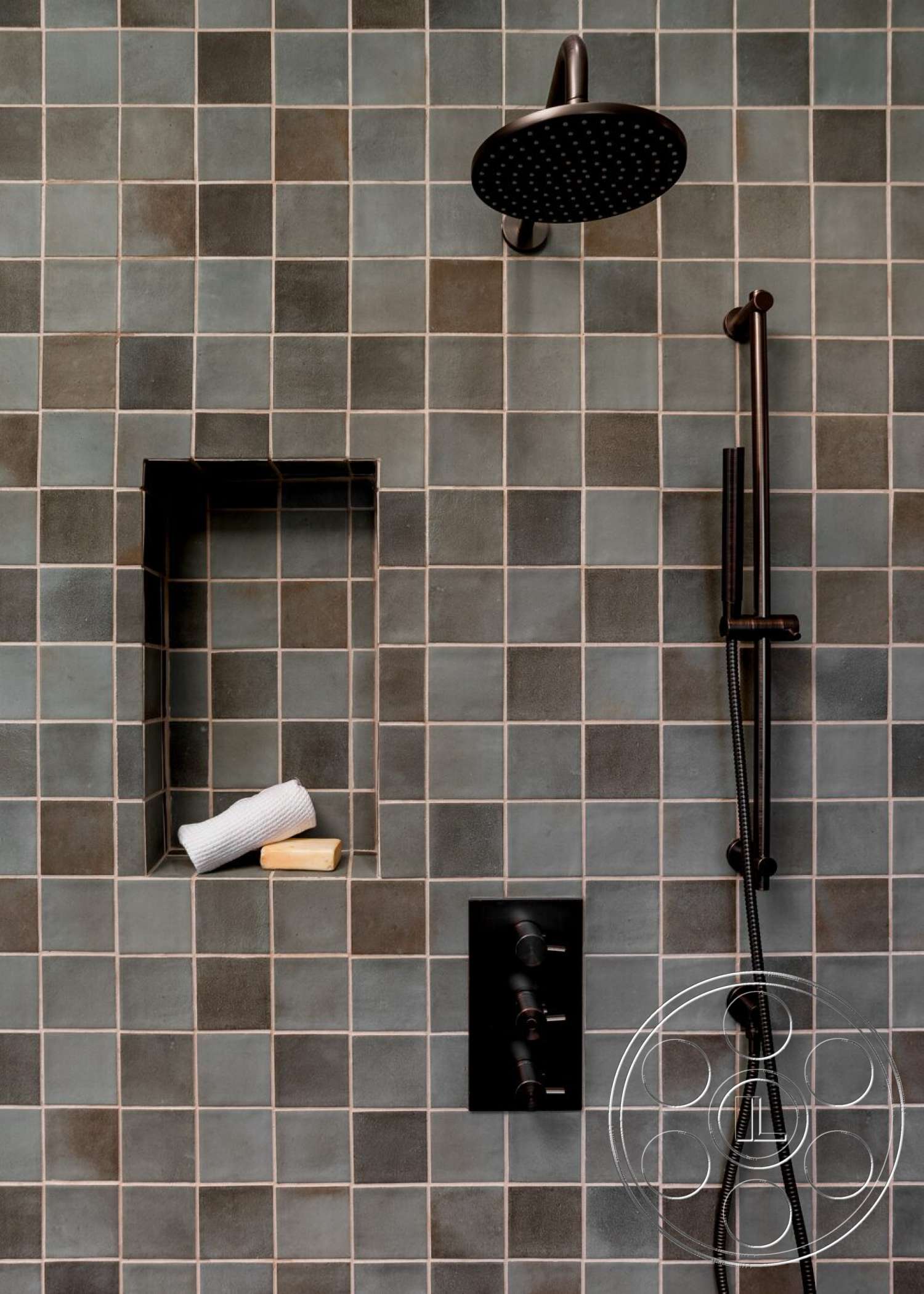 Craftsman 65 - exposed plumbing, modern minimalist design, interior bathroom, textured ceramic tile shower walls, black shower fixtures, niche storage space, round shower head