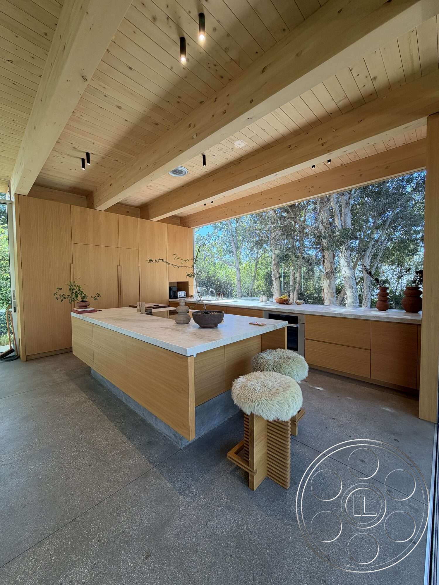 Retro House - recessed lighting, concrete flooring, nature view, open concept layout, floor-to-ceiling windows, marble countertop, oak cabinetry, modern minimalist design, interior kitchen, wood beam ceiling