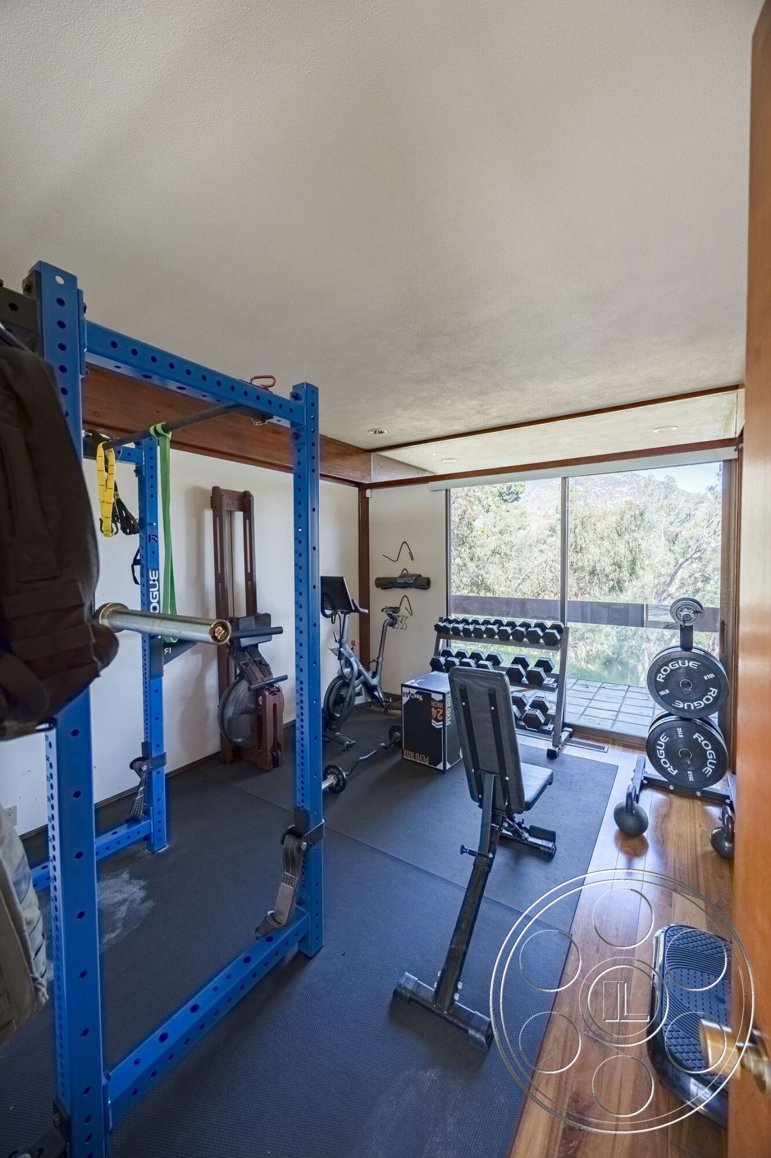 MCM 29 - open space layout, exercise bike, large window with forest view, wood laminate flooring, interior fitness room, rubber gym flooring, modern ceiling lighting, blue steel squat rack, black adjustable weight bench, black dumbbell rack