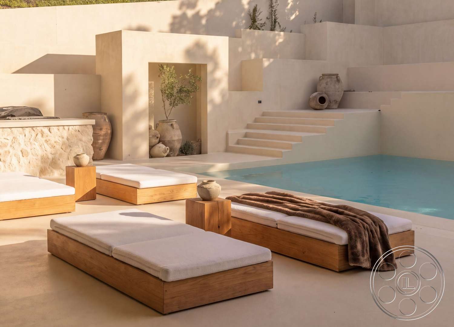 Modern 535 - exterior, concrete steps, wooden side tables, ceramic pots, rectangular pool, smooth concrete walls, minimalist garden design, textured stone feature wall, sunlit outdoor space, wooden chaise lounges, concrete pool area, white outdoor cushions, plant accent details