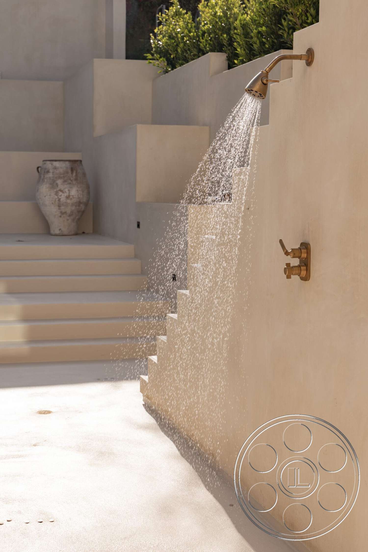 Modern 535 - exterior, minimalist design, concrete floor, textured wall finish, landscaped greenery, concrete steps, stucco walls, outdoor shower fixture, brass showerhead, architectural planter