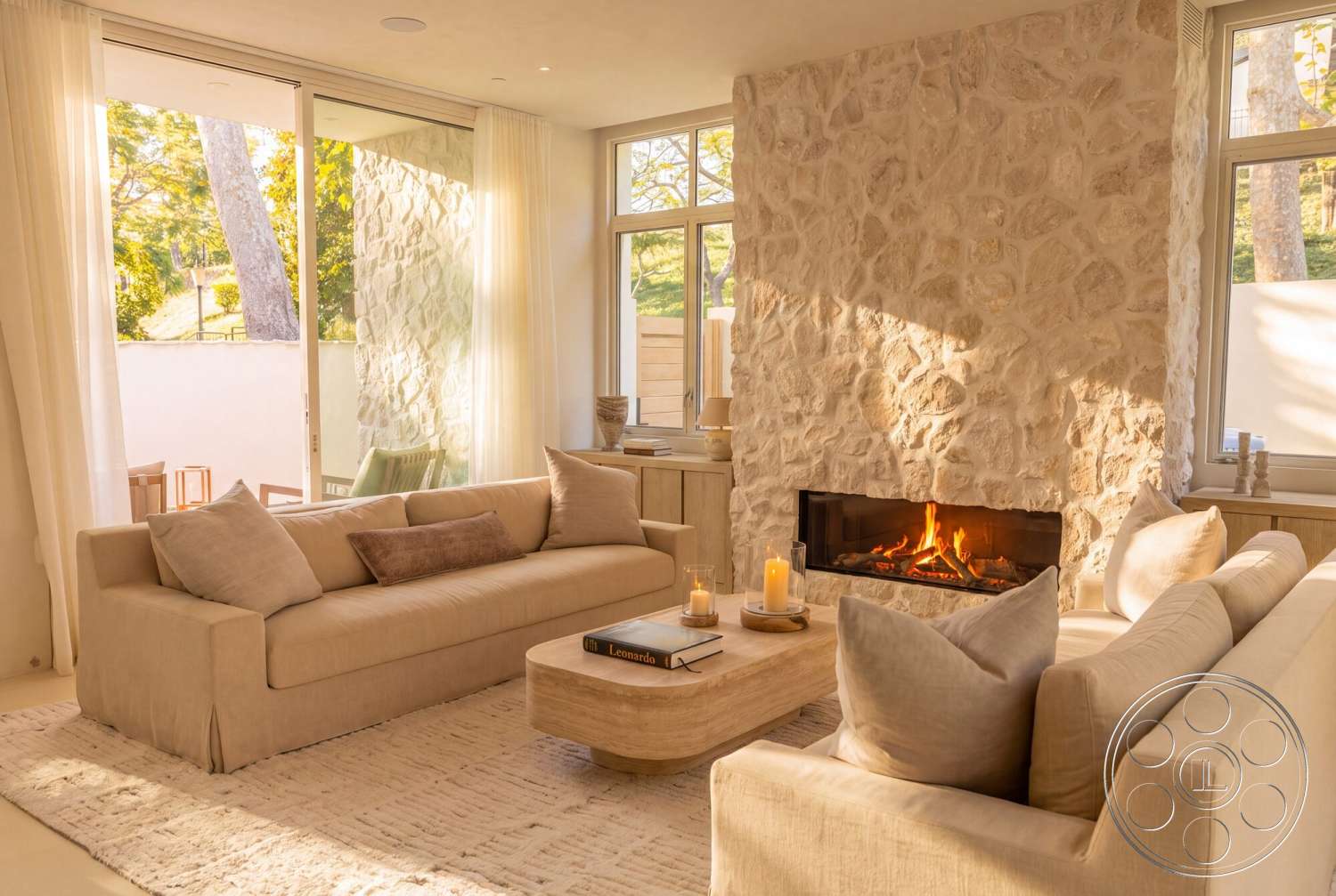Modern 535 - minimalist decor, neutral color palette, natural light, wood coffee table, modern aesthetic, floor-to-ceiling windows, indirect lighting, built-in cabinetry, cozy living room, open layout design, sheer white drapery, soft beige area rug, natural stone fireplace wall, light fabric sectional sofa