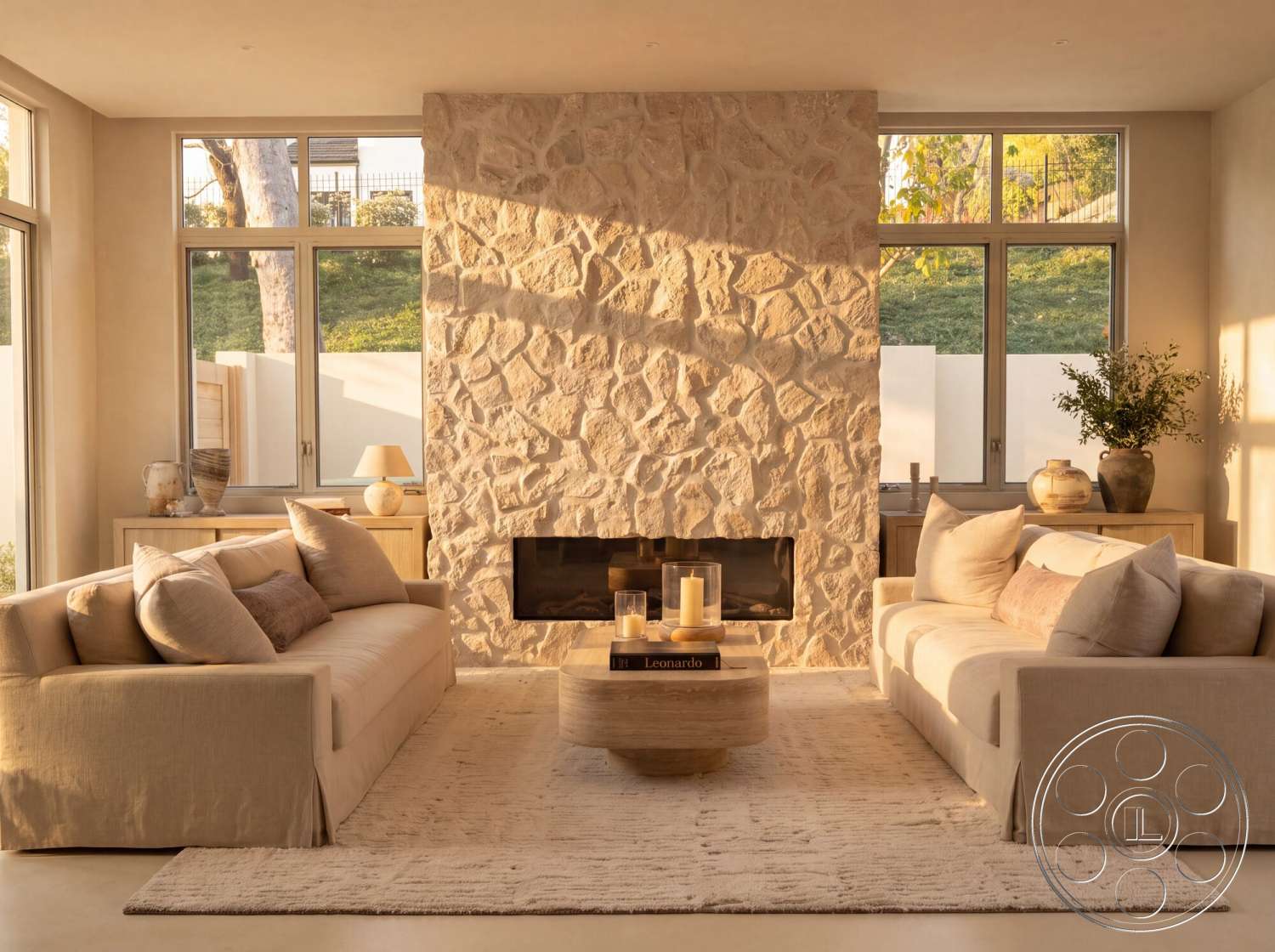Modern 535 - neutral color palette, floor-to-ceiling windows, textured plaster walls, round wooden coffee table, cozy living room setting, natural light-filled space, modern minimalist interior, decorative ceramic vases, contemporary decor accents, light-colored hardwood flooring, exposed stone fireplace wall, fabric upholstered sofas, area rug with subtle texture