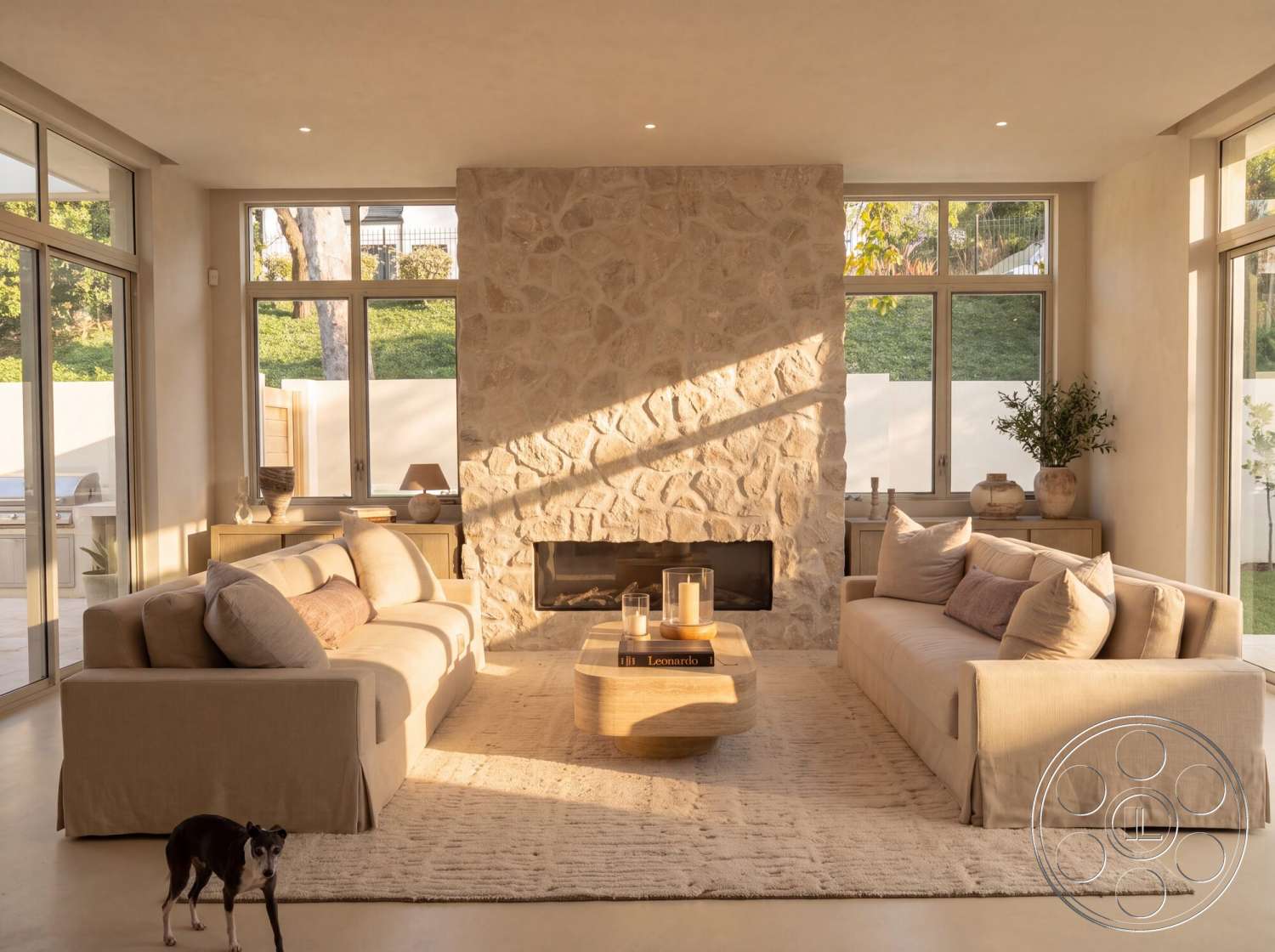 Modern 535 - minimalist decor, natural light, wood coffee table, indoor plants, modern design, soft lighting, sliding glass doors, floor-to-ceiling windows, neutral area rug, wooden side table, textured plaster walls, open concept living area, exposed stone fireplace wall, beige upholstered sofas