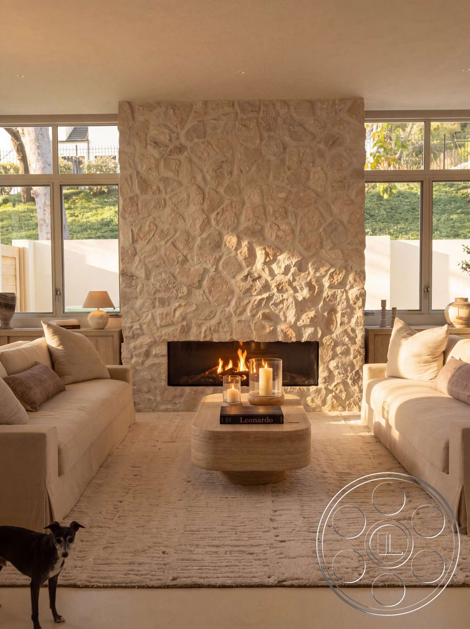 Modern 535 - minimalist decor, wood coffee table, area rug, floor-to-ceiling windows, textured plaster walls, modern rustic style, earth-tone color palette, stone fireplace wall, natural light ambiance, neutral upholstered sofas, built-in glass fireplace