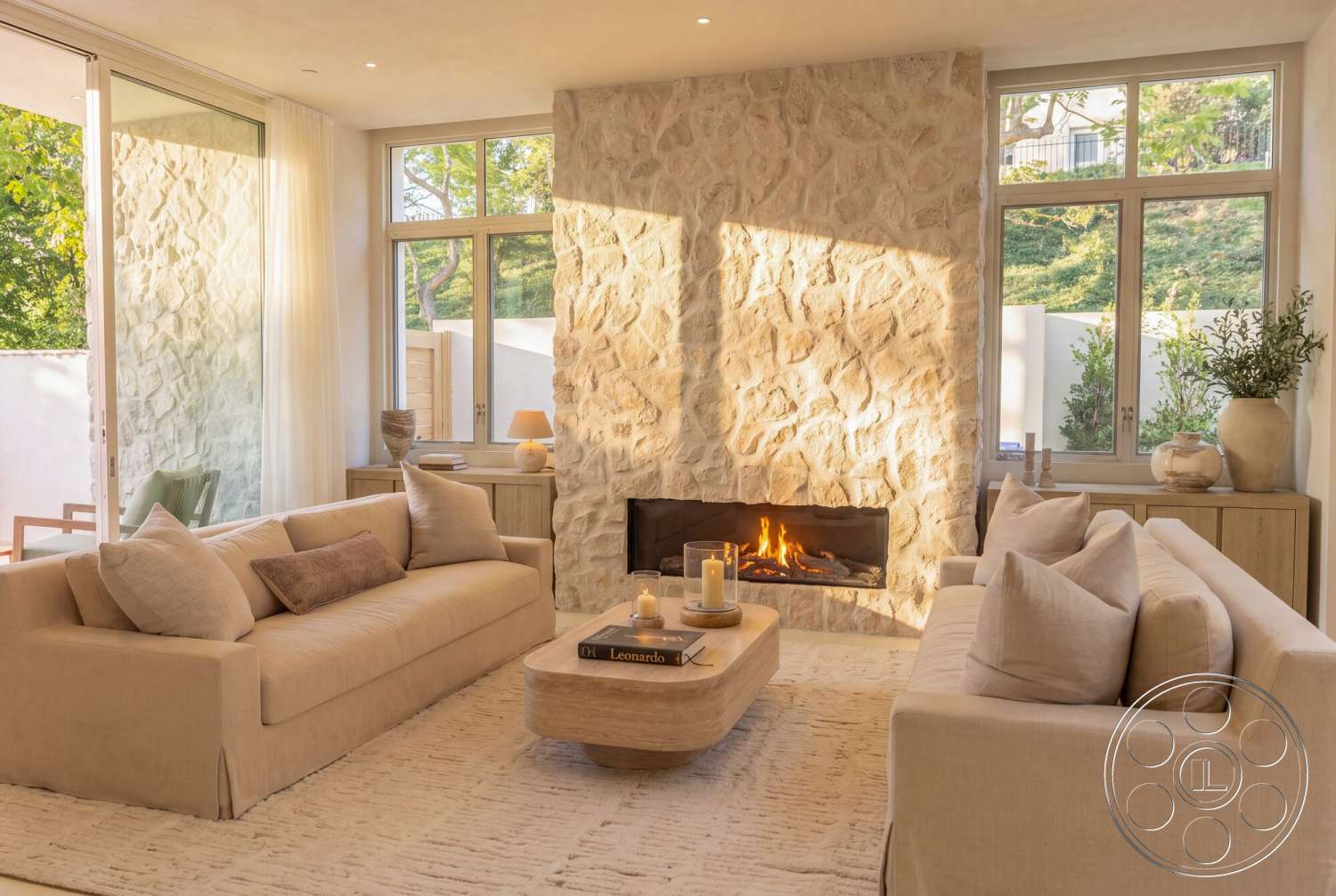 Modern 535 - floor-to-ceiling windows, contemporary living room, light wood coffee table, natural light setting, soft area rug flooring, exterior stone feature wall, minimalistic decor style, modern fireplace design, neutral upholstery sofa, decorative table vase