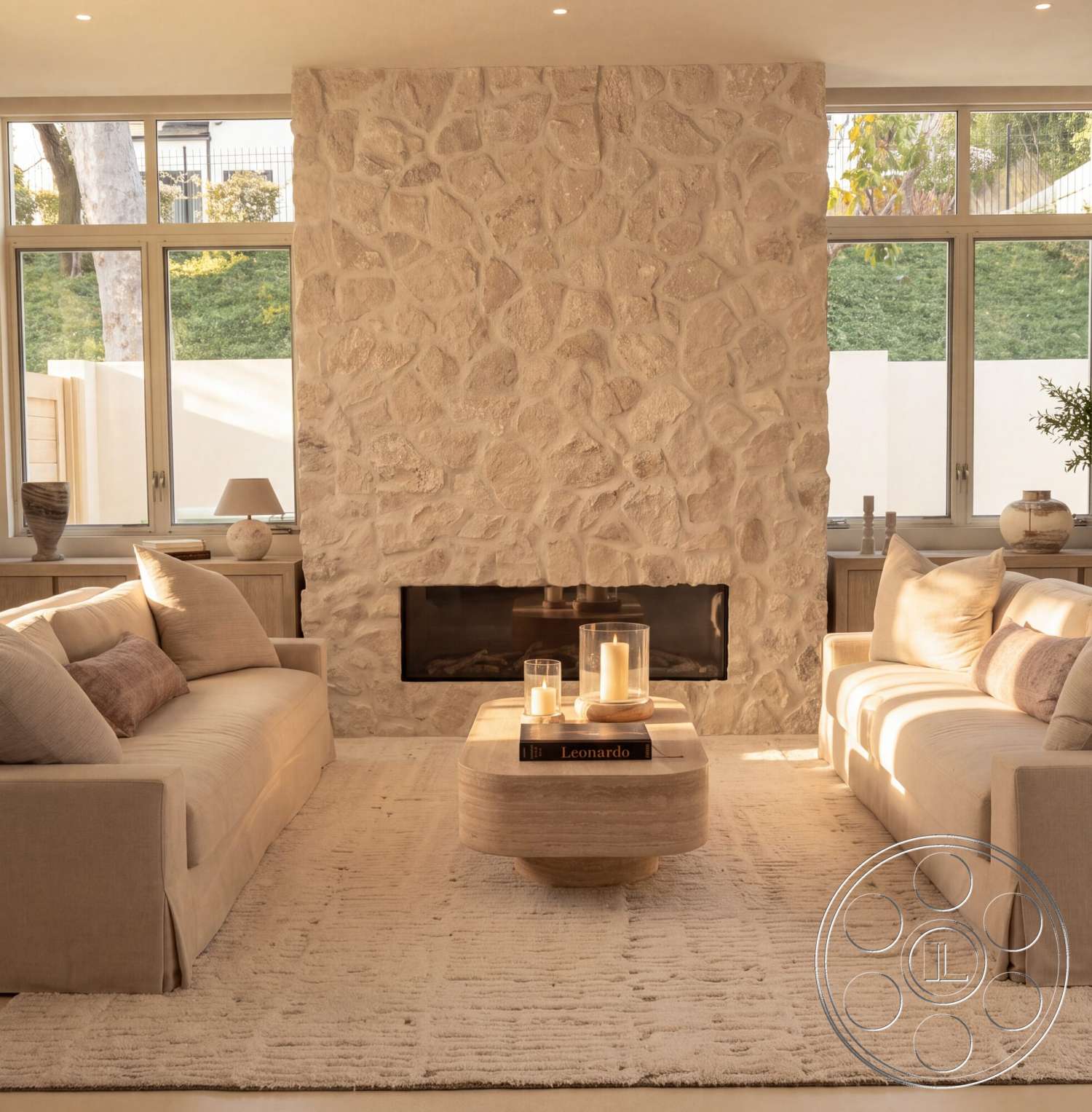 Modern 535 - minimalist decor, neutral color palette, wood coffee table, cozy atmosphere, exterior view, open space design, seating area, floor-to-ceiling windows, plush fabric sofa, contemporary living room, stone feature wall, candle centerpiece, natural light infusion, textured rug flooring