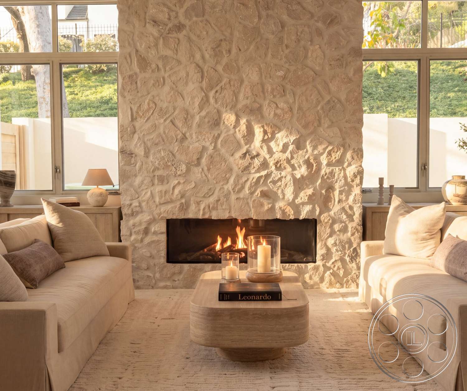 Modern 535 - minimalist decor, neutral color palette, floor-to-ceiling windows, soft area rug, round wooden coffee table, exposed stone fireplace wall, natural light-filled living room, modern gas fireplace, light beige upholstered sofas