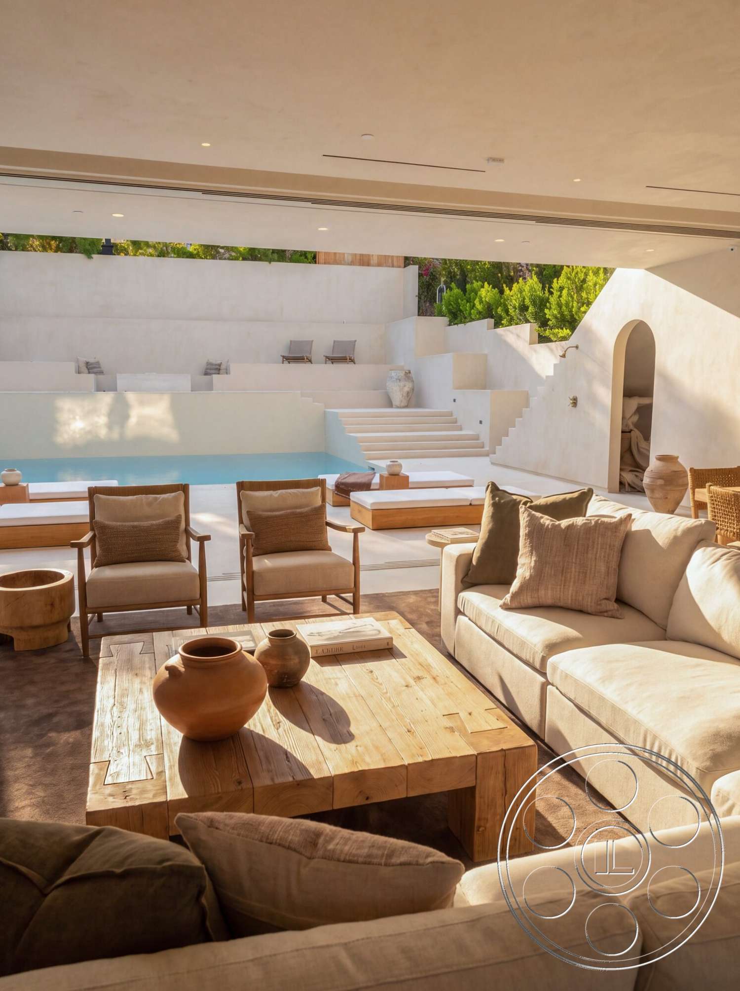 Modern 535 - neutral color palette, light wood furniture, open floor plan, outdoor seating area, concrete walls, exposed ceiling, decorative pottery, textured plaster walls, concrete pool deck, rectangular pool, large sliding glass doors, natural wood coffee table, modern minimalist design, woven texture throw pillows