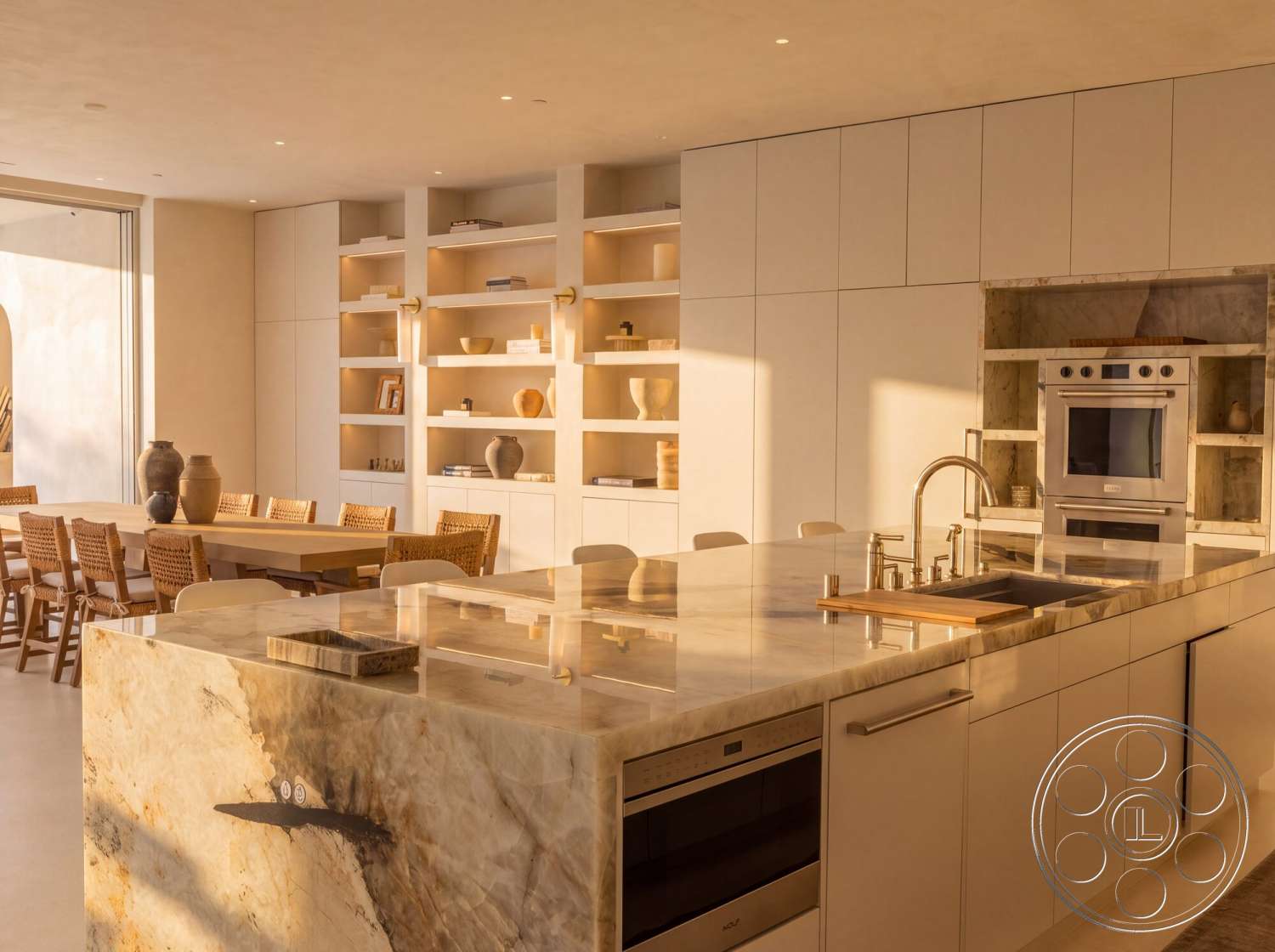 Modern 535 - neutral color palette, natural light, minimalist design, warm lighting, open floor plan, large glass windows, wood dining table, built-in shelving, white cabinetry, smooth concrete flooring, stainless steel oven, woven dining chairs, marble kitchen island, stone kitchen backsplash, countertop sink