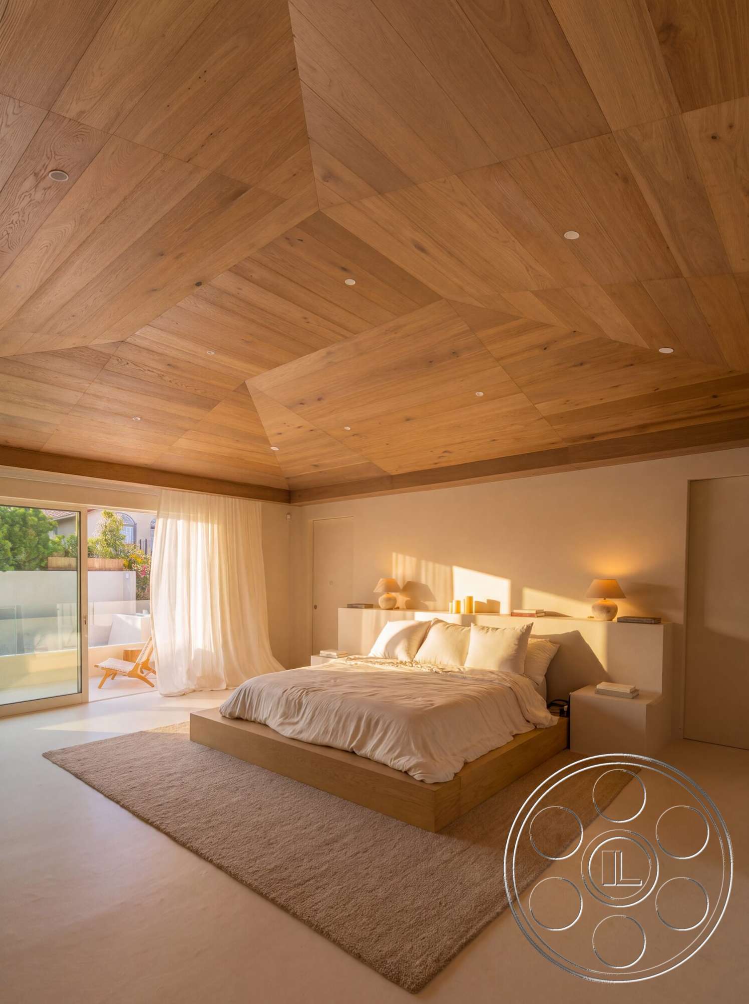 Modern 535 - neutral color palette, hardwood flooring, sheer curtains, wood panel ceiling, soft area rug, textured plaster walls, geometric ceiling design, minimalist bed frame, contemporary table lamps, natural light from large sliding doors, built-in nightstands