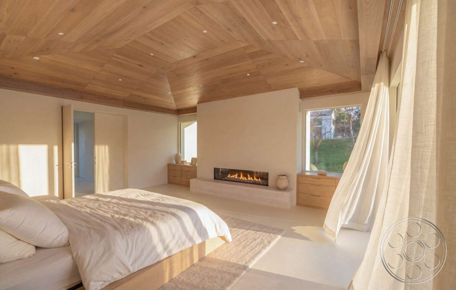 Modern 535 - neutral color palette, minimalist design, wooden dresser, floor-to-ceiling windows, textured curtains, light wood paneling, plaster wall finish, natural light illumination, wood beam ceiling, exposed wood ceiling, contemporary bedroom, floating fireplace hearth, queen-size bedding