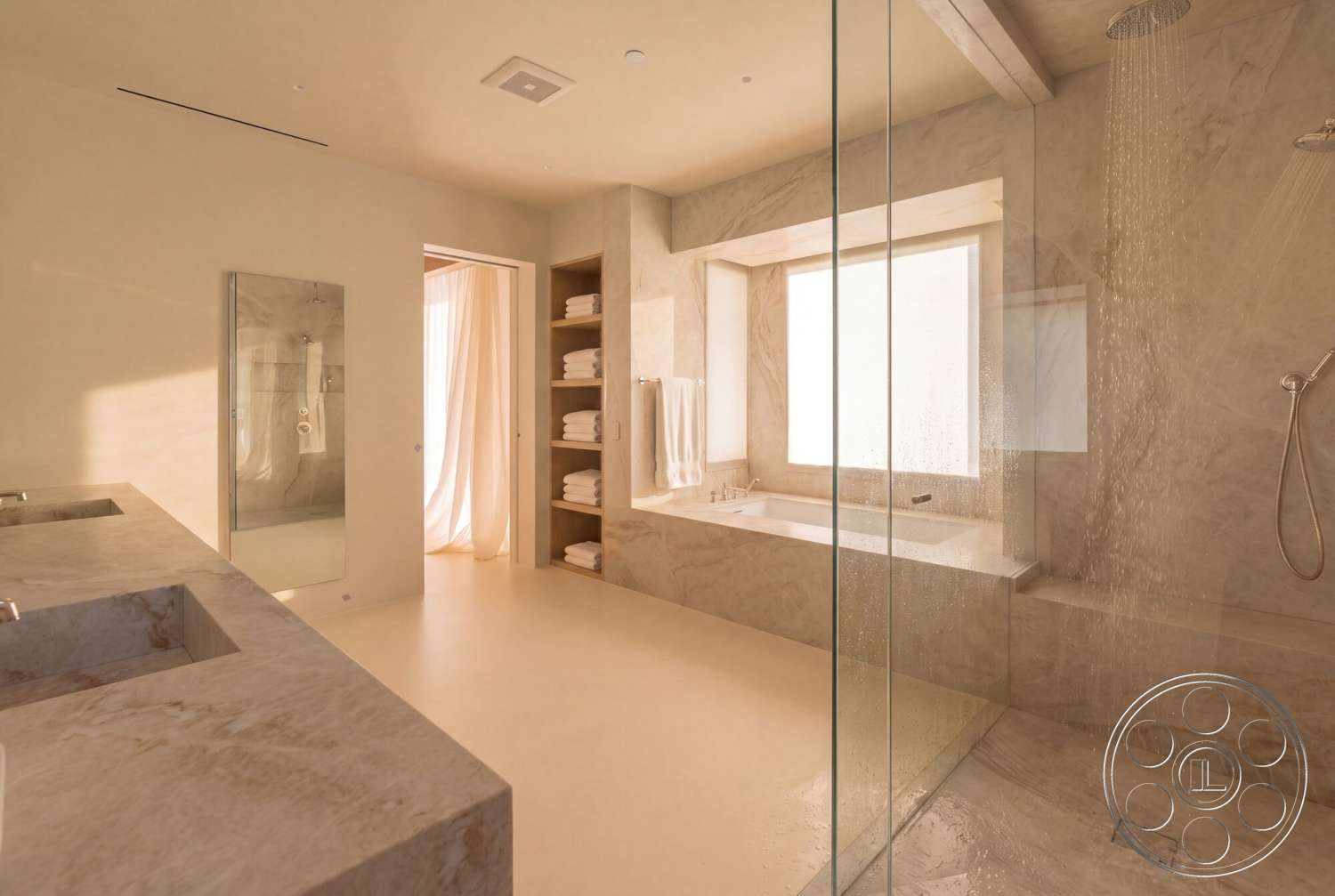 Modern 535 - glass shower enclosure, floor-to-ceiling windows, textured plaster walls, concrete bathroom flooring, marble bathroom walls, minimalist interior, marble vanity countertop, white linen curtains, hardwood ceiling beams, floating bathtub