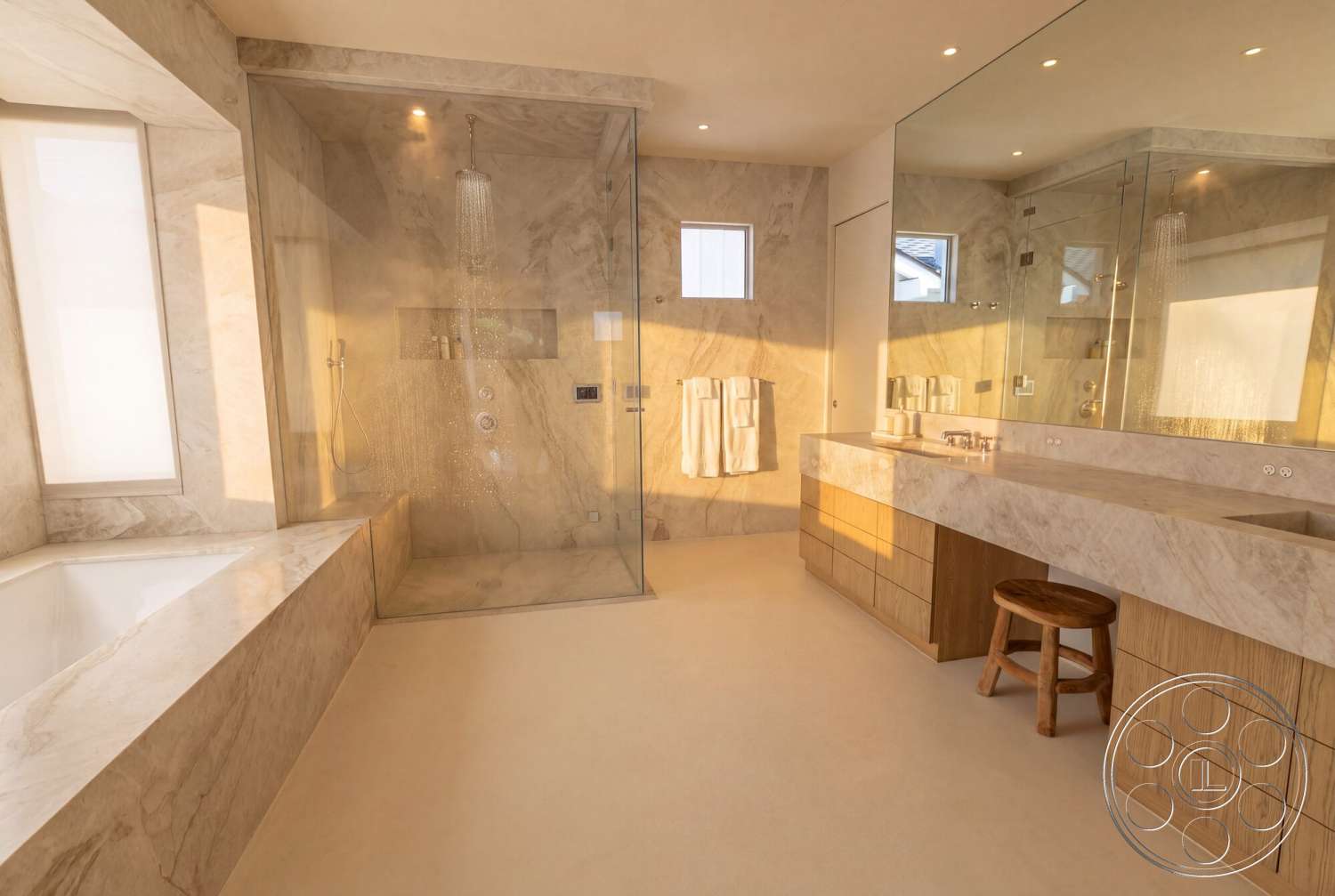 Modern 535 - neutral color palette, minimalist design, glass shower enclosure, floor-to-ceiling windows, large wall mirrors, natural wood bathroom cabinetry, marble shower walls, track lighting fixtures, marble bathtub surround, floating vanity with marble countertop, soft beige flooring