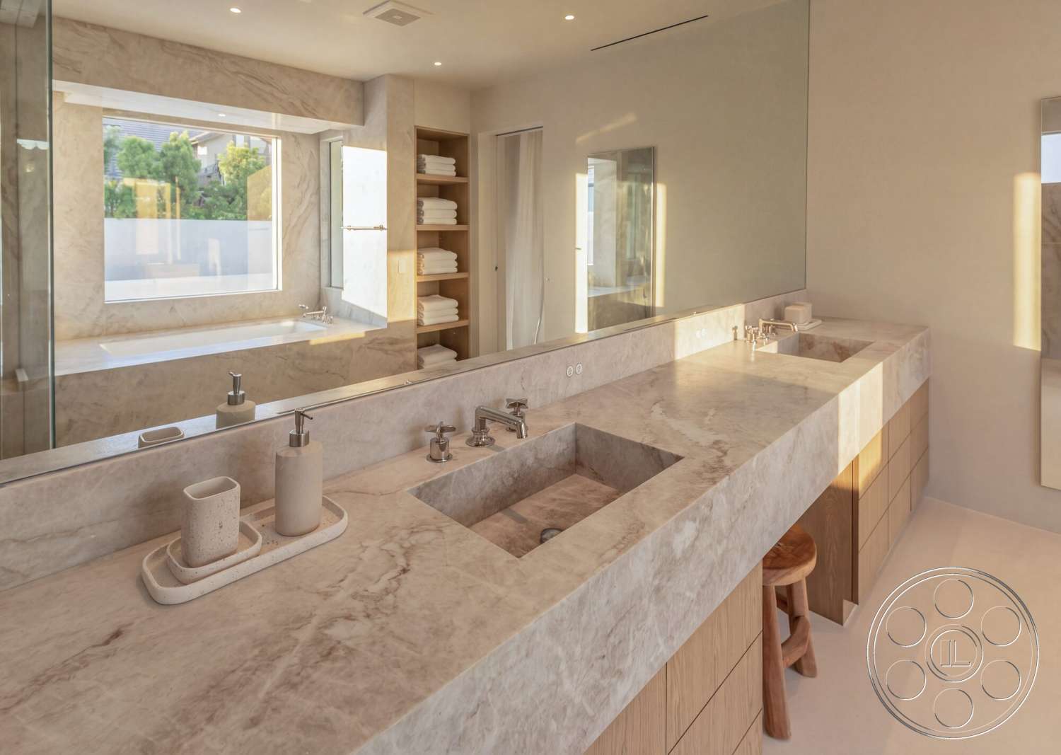 Modern 535 - neutral color palette, minimalist design, glass shower enclosure, textured wall finish, floor-to-ceiling windows, natural light illumination, modern faucet fixtures, marble bathroom countertops, built-in shelving unit, luxury spa-like atmosphere, rectangular bathtub, wood bathroom cabinetry