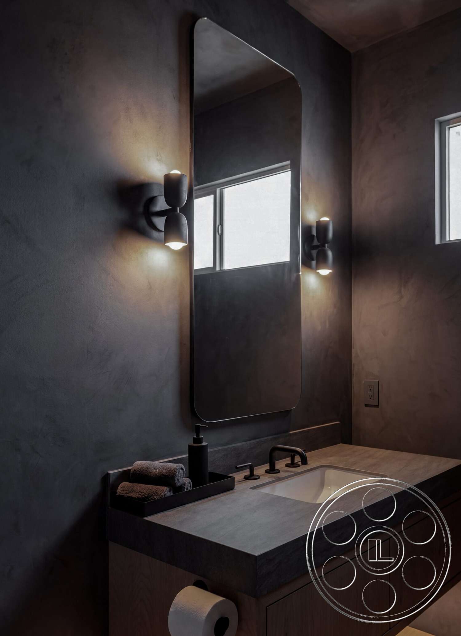 Modern 535 - minimalist design, modern bathroom, floating vanity, rectangular mirror, concrete countertop, square sink, textured plaster wall treatment, polished concrete walls, wood bathroom vanity, black metal wall sconces
