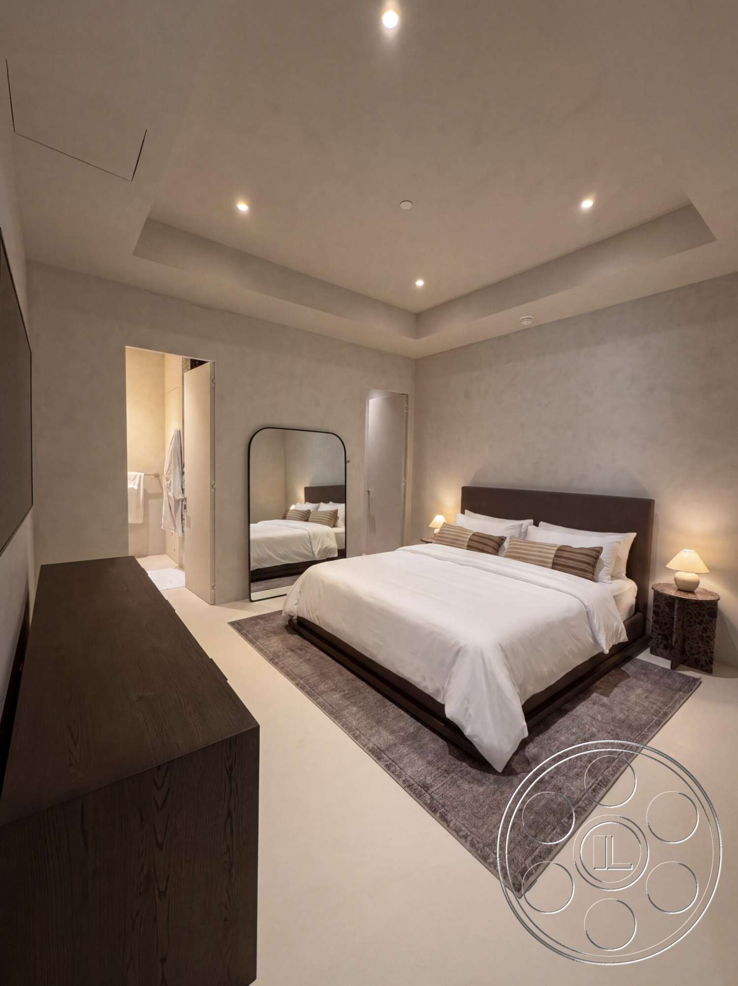 Modern 535 - neutral color palette, recessed lighting, decorative area rug, minimalist design, decorative bedside lamp, textured plaster walls, dark wood dresser, full-length mirror, hardwood bedroom floors, tray ceiling, modern platform bed