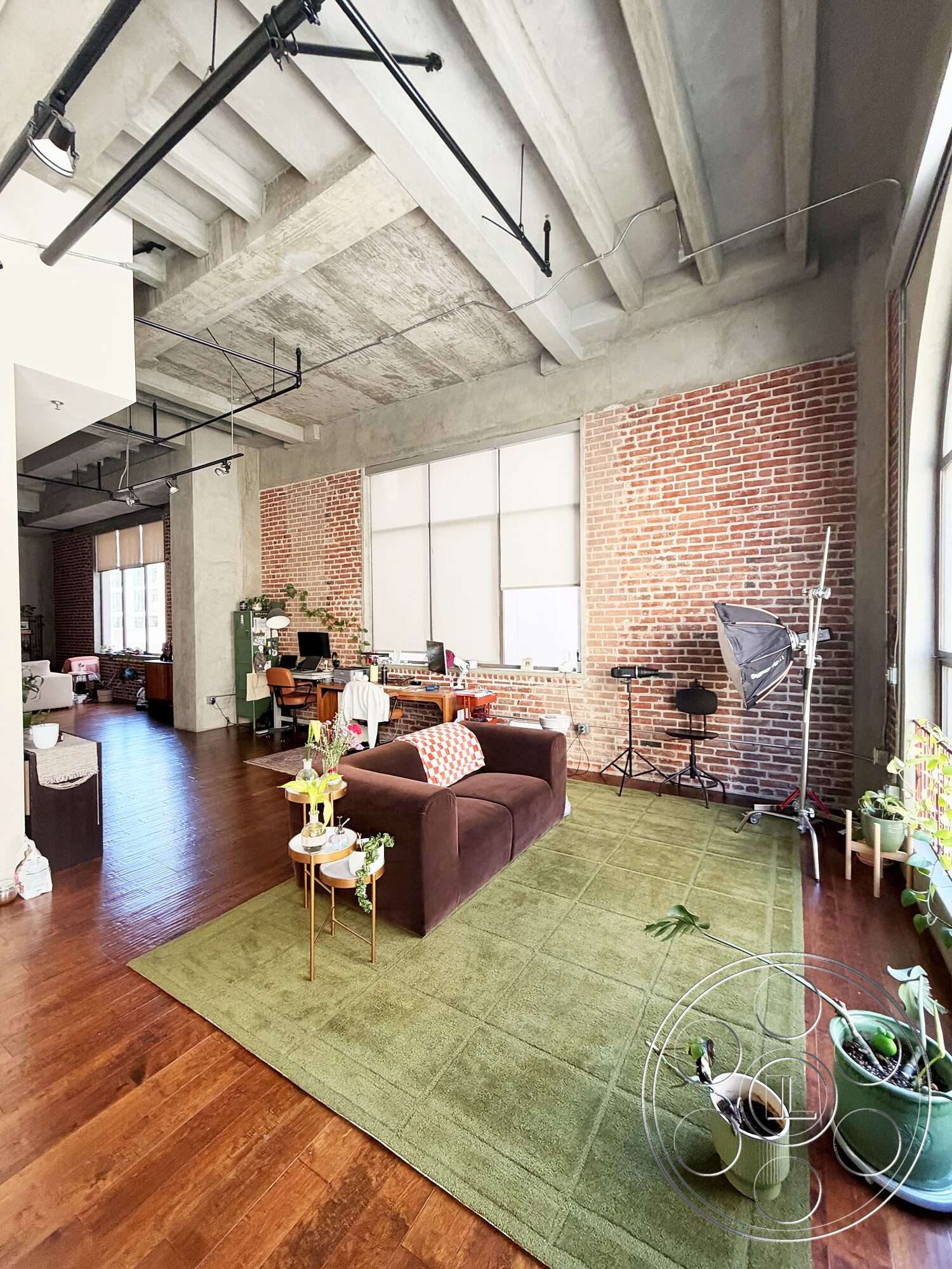 Brockman 310 - open floor plan, large window, green area rug, industrial light fixtures, hardwood living room floors, modern sofa, exposed brick accent wall, concrete ceiling panels, sculptural plant displays