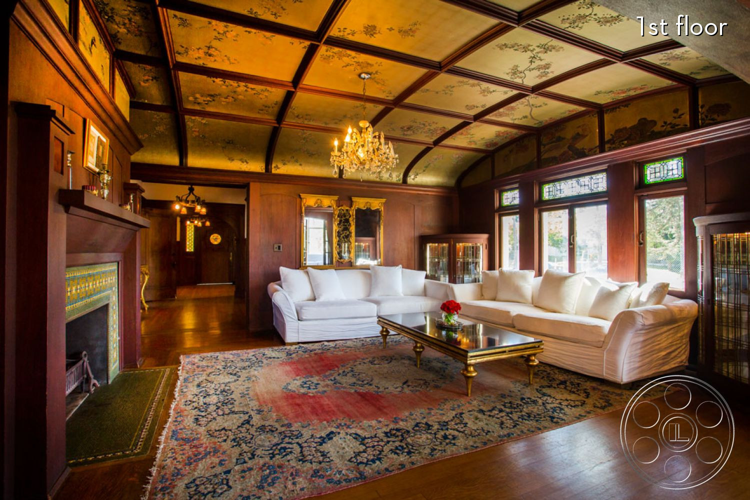 The Rosenheim Mansion - living room - indoors, furniture, room, table, wood, living room, hardwood, couch, coffee table, rug