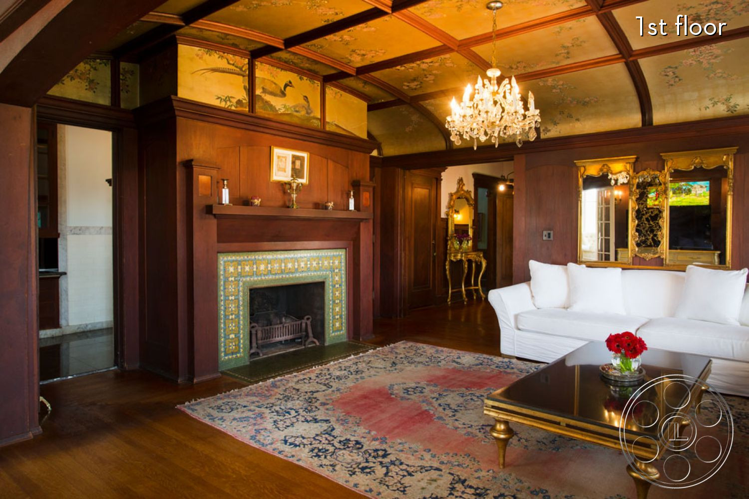 The Rosenheim Mansion - indoors, furniture, room, table, fireplace, wood, living room, hardwood, couch, rug, hearth