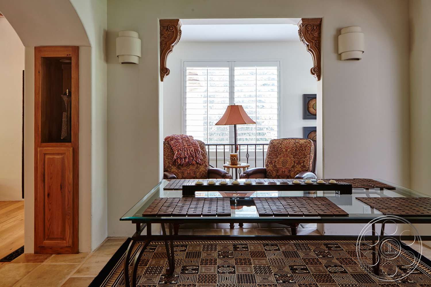 Santa Fe 8 - indoors, wood, furniture, table, room, living room, couch, coffee table, table lamp, lamp, computer, keyboard, computer keyboard