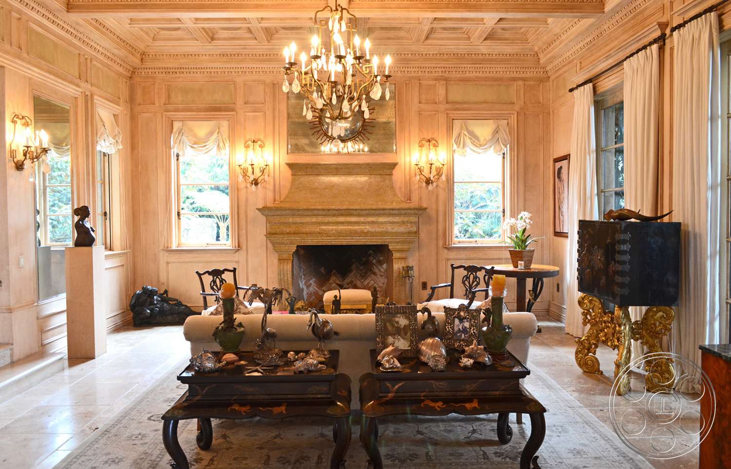 Mansion 16 - indoors, furniture, room, living room, lamp, hearth, fireplace, chandelier